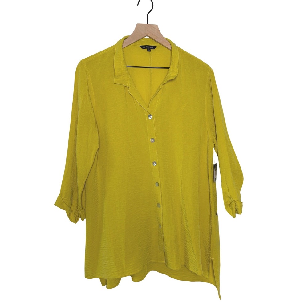 John Mark Button Down Shirt Yellow Casual Textured Long Sleeve Size Large